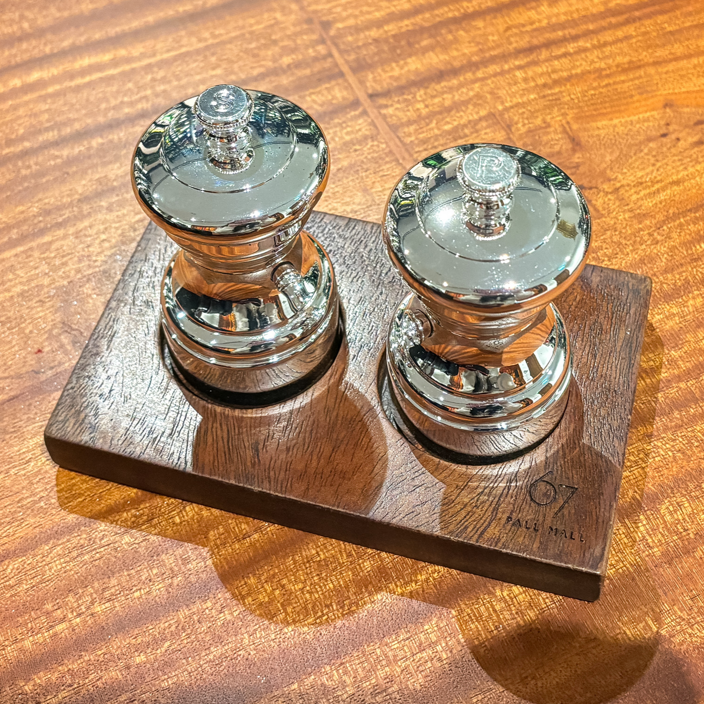 Peugeot Silver Salt and Pepper Mills with Wood Holder